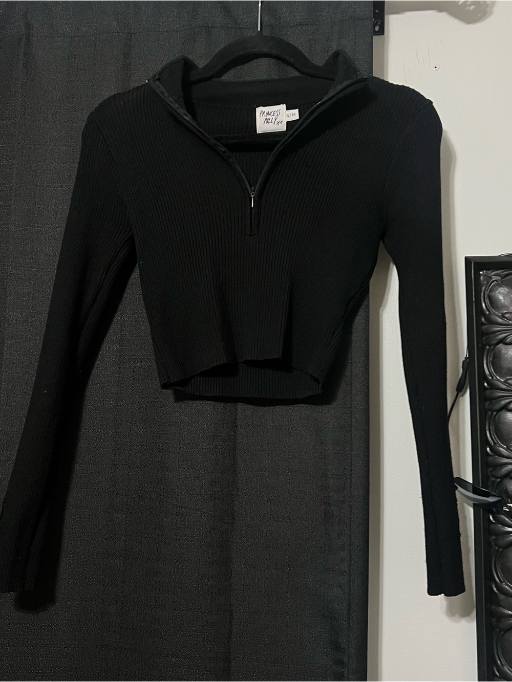Princess Polly Black Ribbed Half-Zip Crop Top